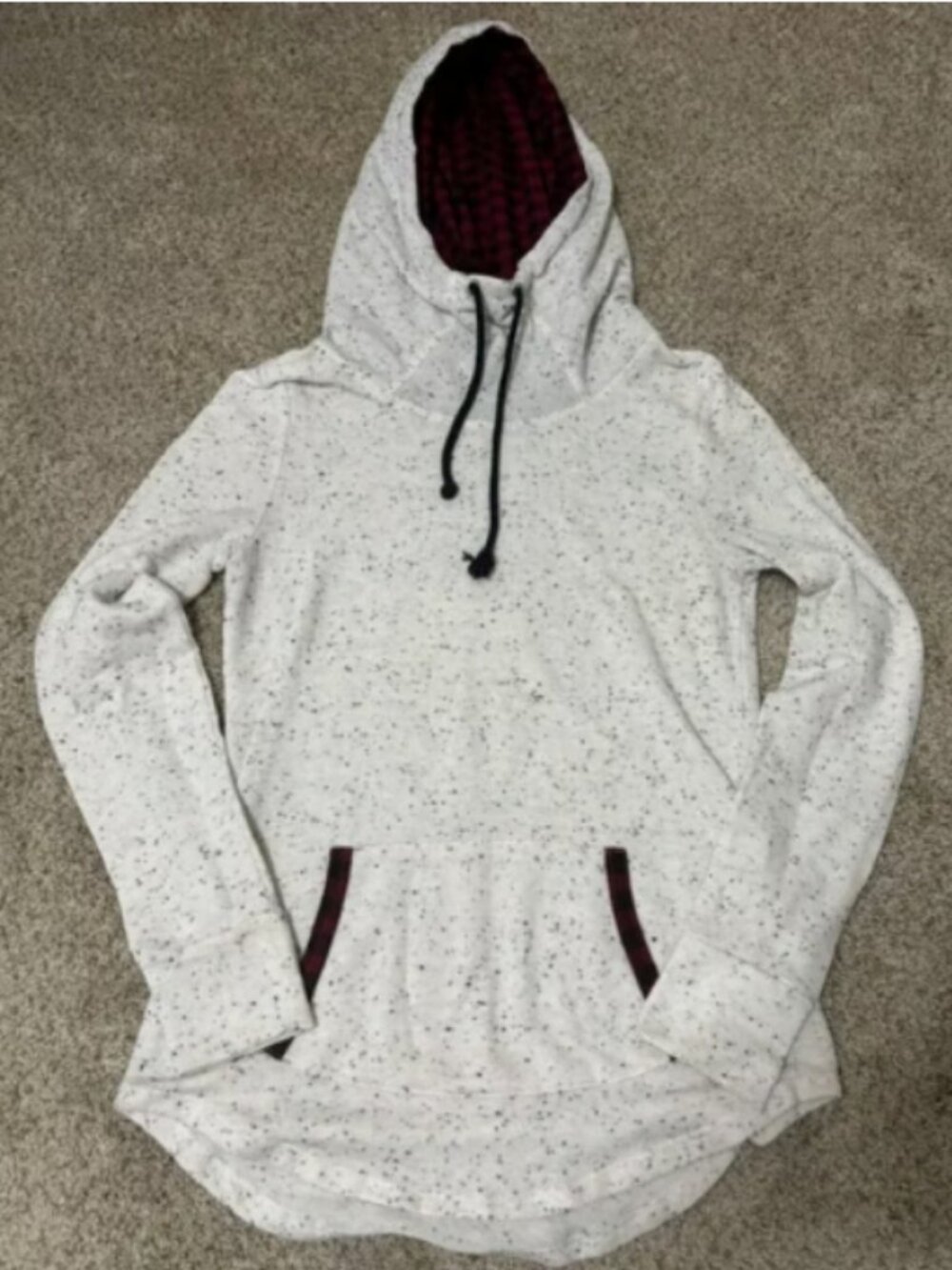 Maurices Oatmeal Speckled Hoodie Buffalo Plaid Trim Size Small